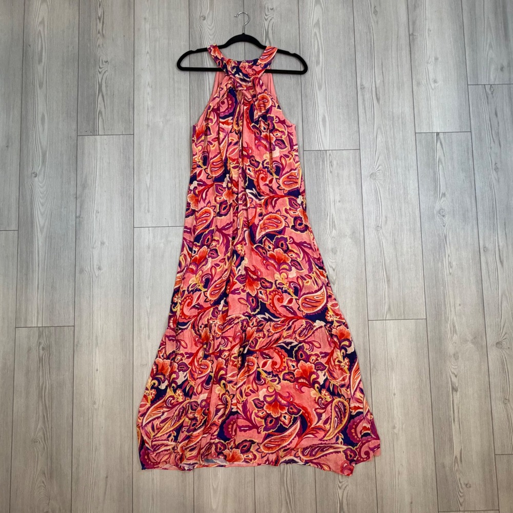 Soft Surroundings Pink Paisley Floral Halter Maxi Dress Sz M Tiered Boho 25J18